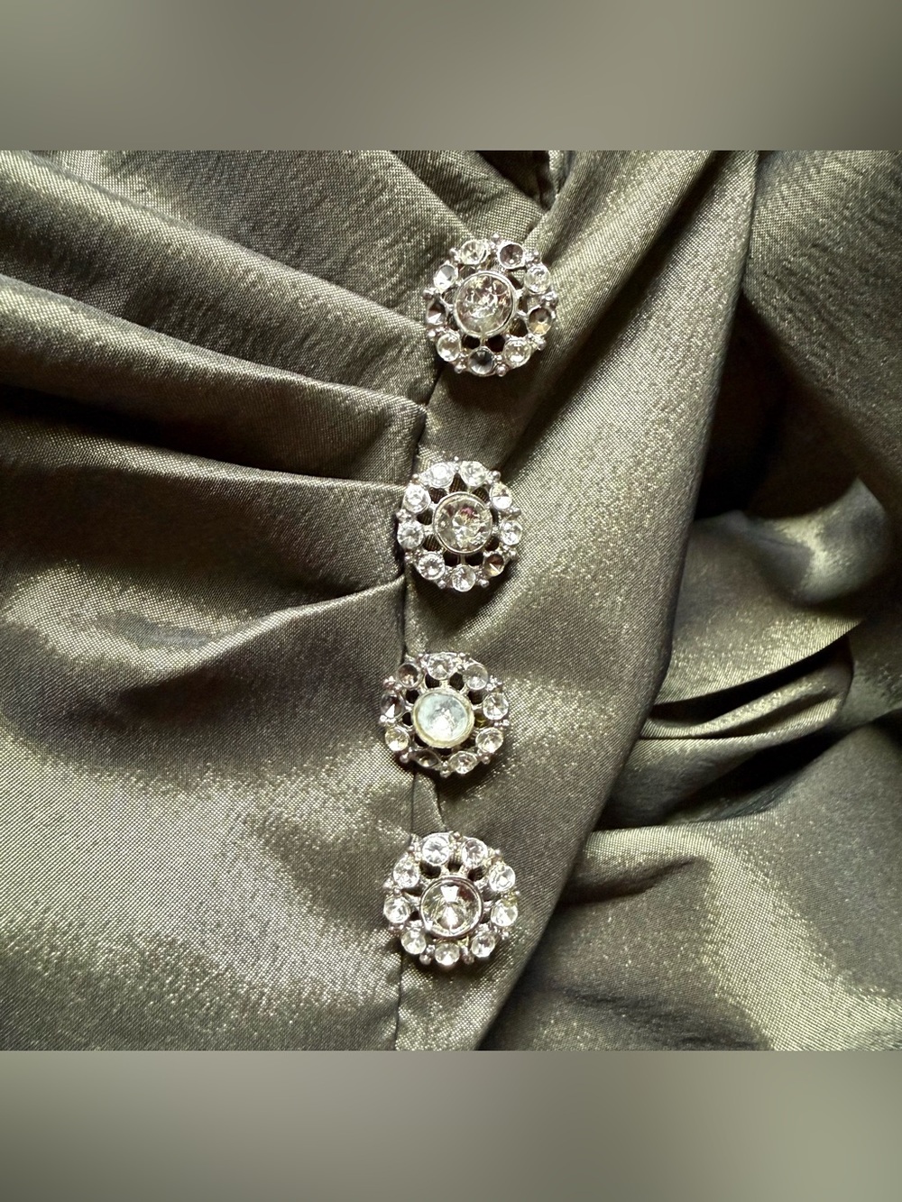 JULIAN TAYLOR Taffeta Vintage Olive Green Rhinestone Button Sz 14 Cocktail Dress - Picture 9 of 15